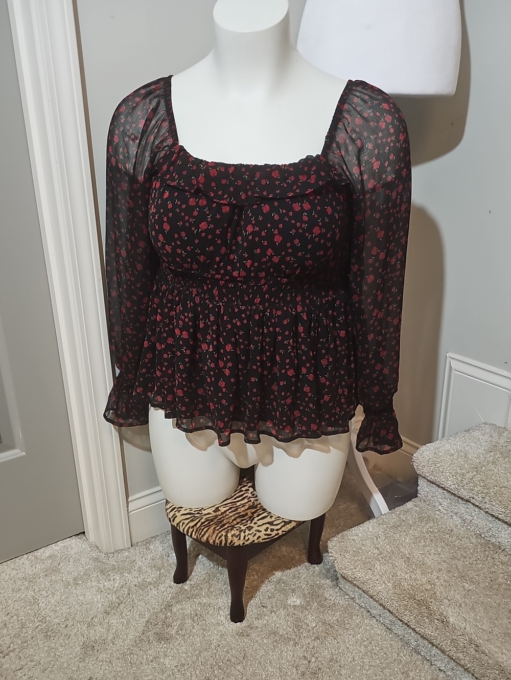 Torrid Black Sheer Long-Sleeve Peplum Top with Red Floral Print